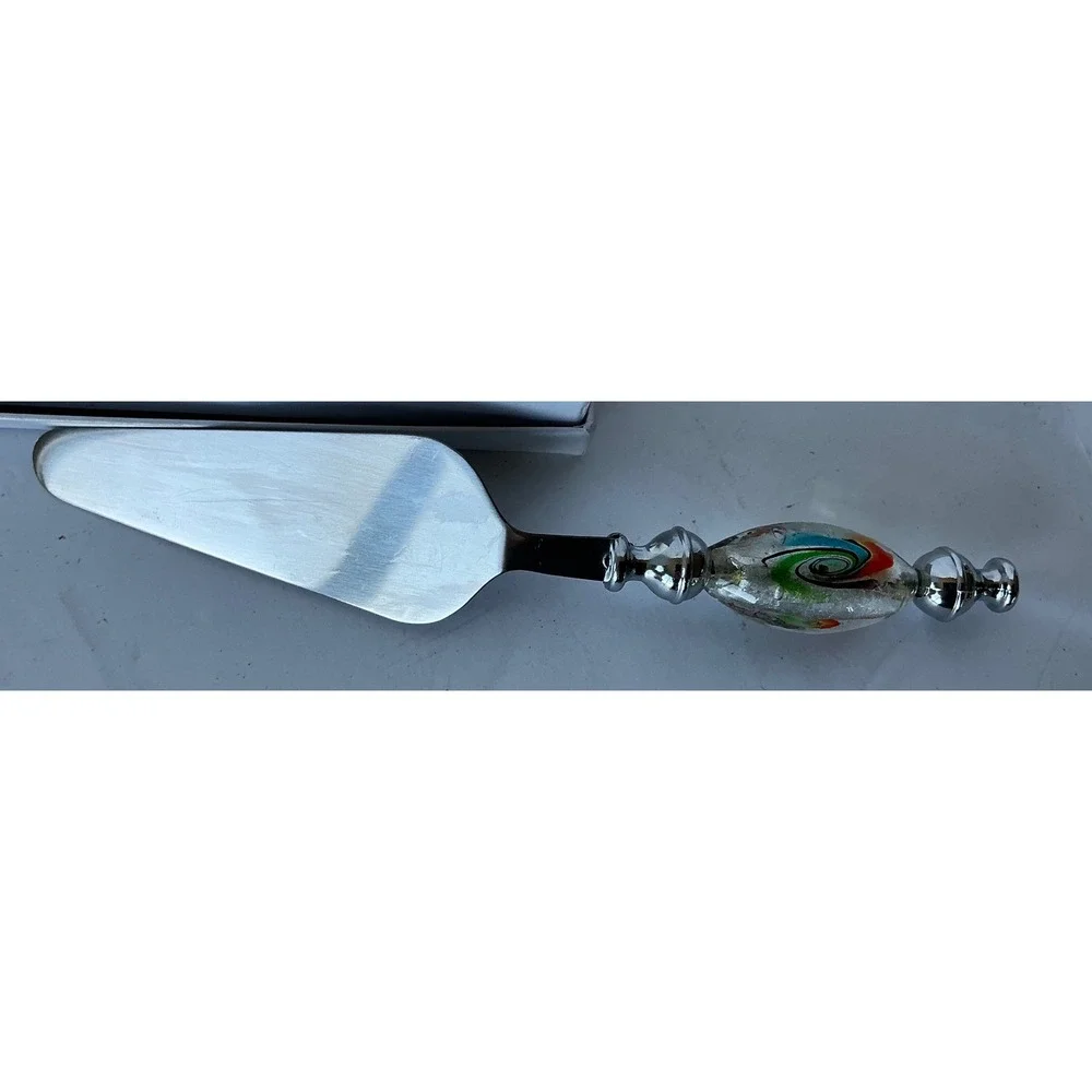 Cake Server Murano Style Art Glass Handle‎ Silver Swirl 9.5in Elegant
